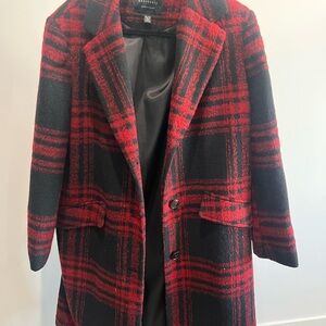 Sanctuary Red and Black Pea Coat Bold Plaid